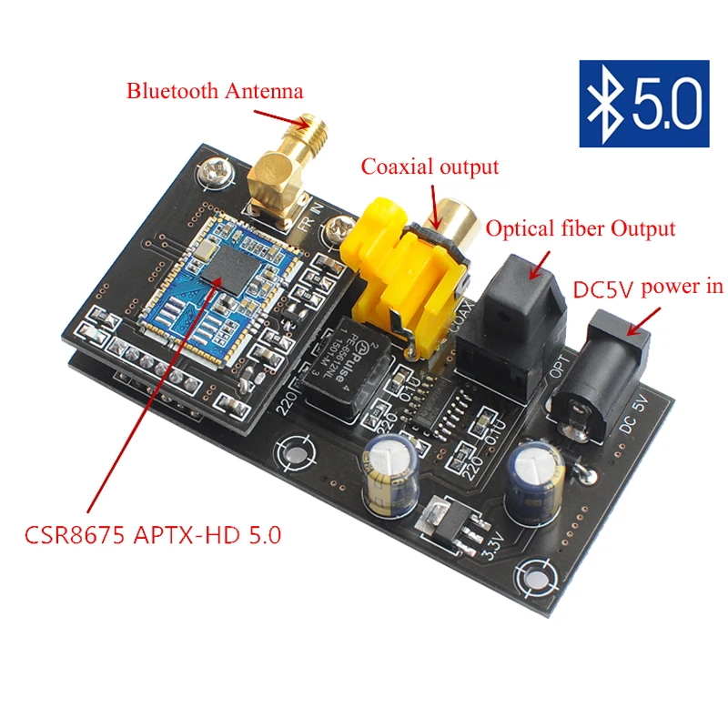 APTX-HD Bluetooth 5.0 CSR8675 Coaxial Optical Output With antenna Bluetooth reception Support 24bit 48Khz DC5V-12V 