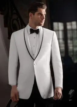 

2017 Tailor Made White and Black Satin Custom Wedding Suit for Men Bridgegroom Blazer Slim Fit Tuxedo Vestidos Jacket+Pant F