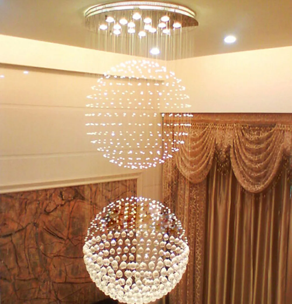 

LED modern round double staircase light crystal chandelier luxury villa living room lights restaurant lights long hanging lights
