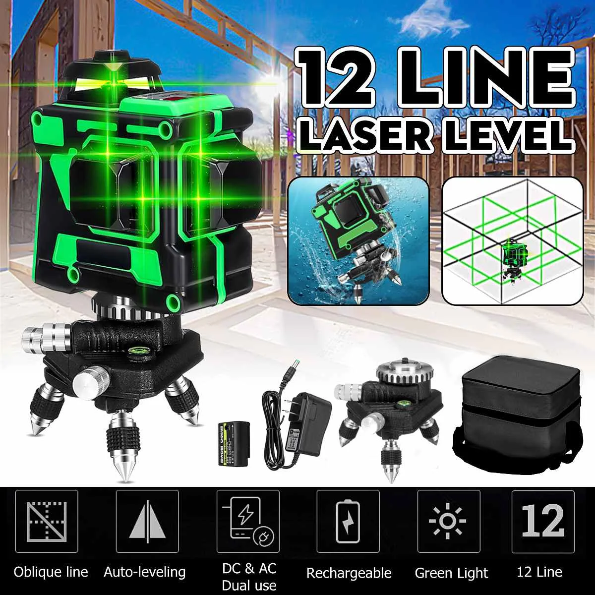 

4/8/12Lines Adjustable 3D Laser Level LR6/Lithium Battery Self-Leveling Horizontal&Vertical Cross Lines Outdoor Use Receiver