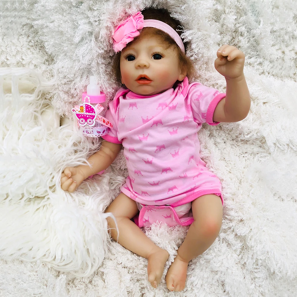 

46 cm baby reborn Silicone dolls with Pink flower headband lifelike girl doll reborn stuffing cotton dolls toy children gift