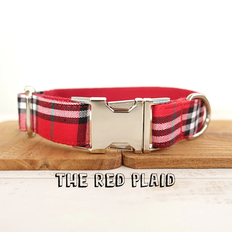 

Unique Design Engraved Buckle Collar THE RED PLAID COLLAR Personalized Leash and Collar Set for Small Medium Lager dog