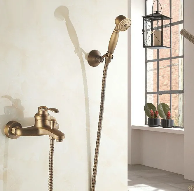 

Antique Brass Wall Mounted Bathroom Single Handle Bathtub Faucet Tap Hand Held Shower set With Wall bracket &1.5m Hose atf303