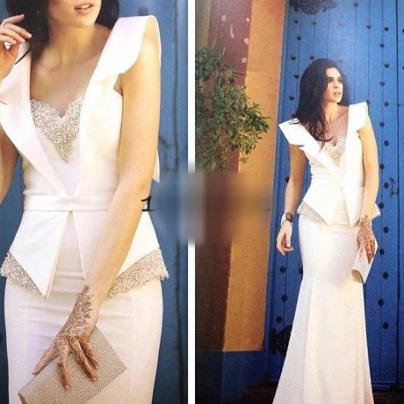 

White Mermaid Long Arabic Evening Dresses Beaded Peplum Prom Party Dresses Dubai Arabic Dresses robe de soiree Evening Gowns
