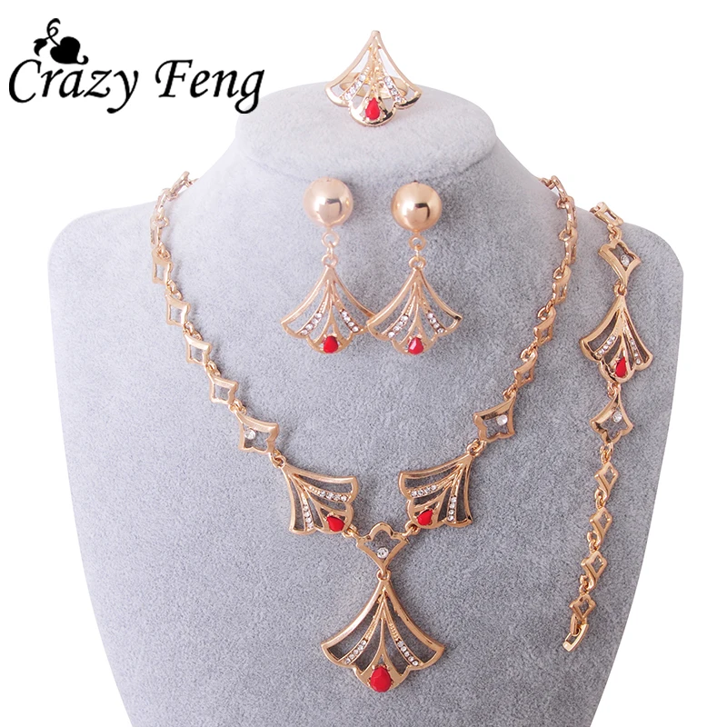 

Gold-color Jewelry Set 4 PCS Pendant Necklace Bangles Rings Earrings African Jewelry Set For Women Wedding Jewellry