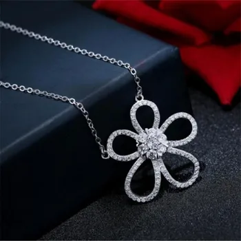 

LULU-PIG New Arrival Fashion 925 Sterling Silver Jewelry Temperament Crystal Large Flower Female Pendant Necklaces N0307