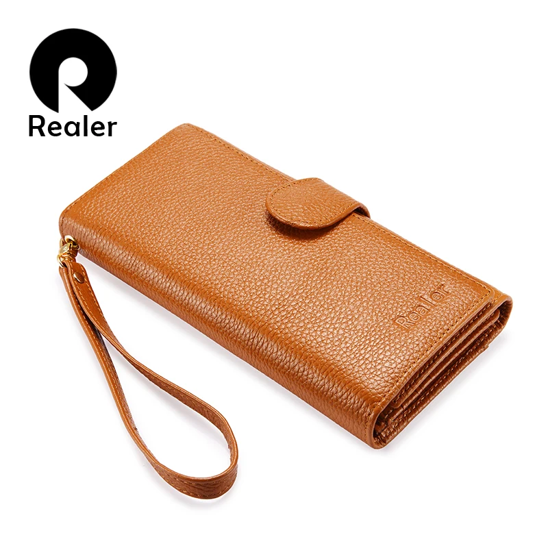 Kopen Realer Lange Portemonnee Vrouwen Echt Leer Vrouwelijke Portemonnee Met Polsbandje Telefoon Pocket Rits Broekzak Portemonnee Voor Credit Card