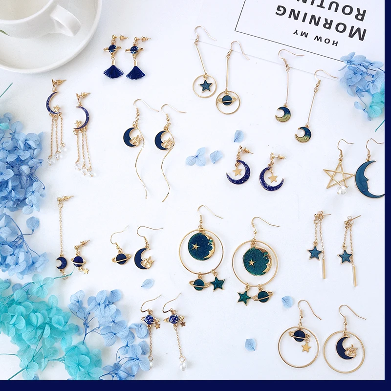 

Brand Jewelry Blue Cosmic Star Earrings Summer New Star Moon Long Earrings
