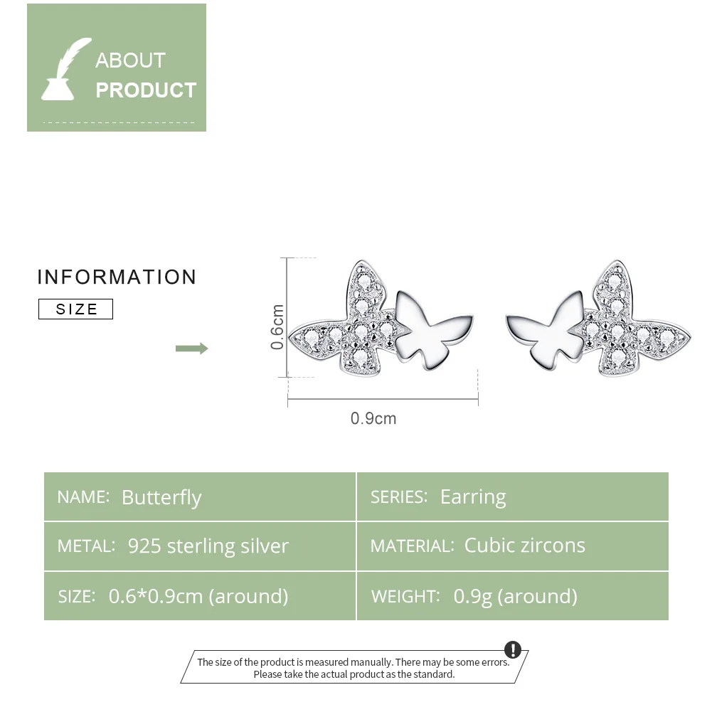Bamoer, парные серьги-гвоздики с летающей бабочкой, прозрачные CZ блестящие элегантные серьги-гвоздики, 925 пробы, серебряные ювелирные аксессуары BSE236