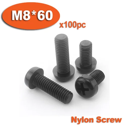 

100pcs DIN7985 M8 x 60 Black Plastic Nylon Pan Head Phillips Screw Cross Recessed Raised Cheese Head Screws