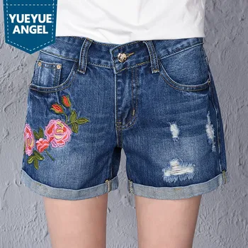 

Summer Korean Fashion Femme Jeans Short Hole Ripped Embroidery Flower Zipper Women's Denim Trousers Vintage Cotton Shorts
