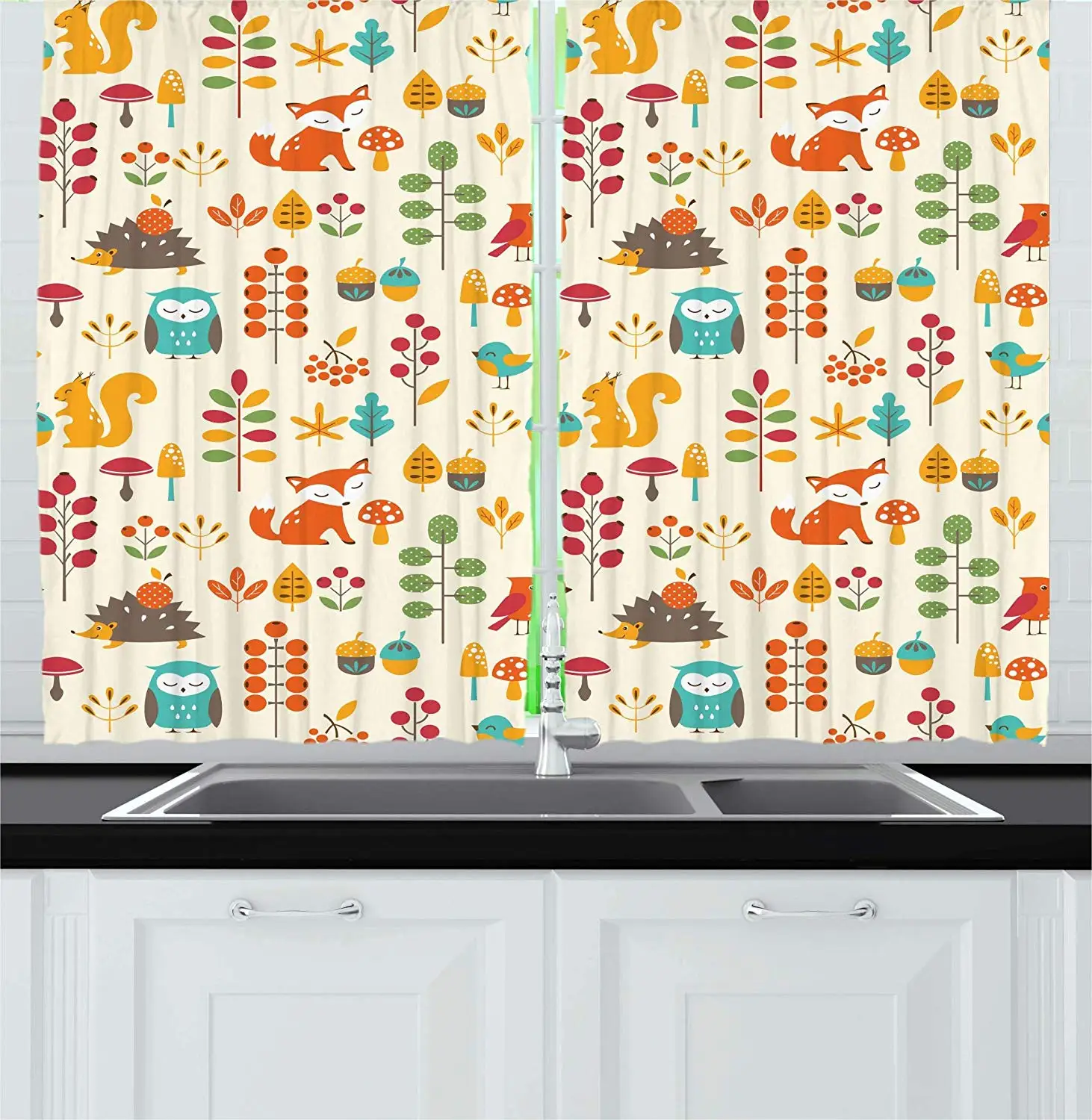 

Children Curtains Cute Kids Autumn Pattern with Owl Fox Squirrel Birds Animal Leaves Artsy Print Window Drapes for Living Room