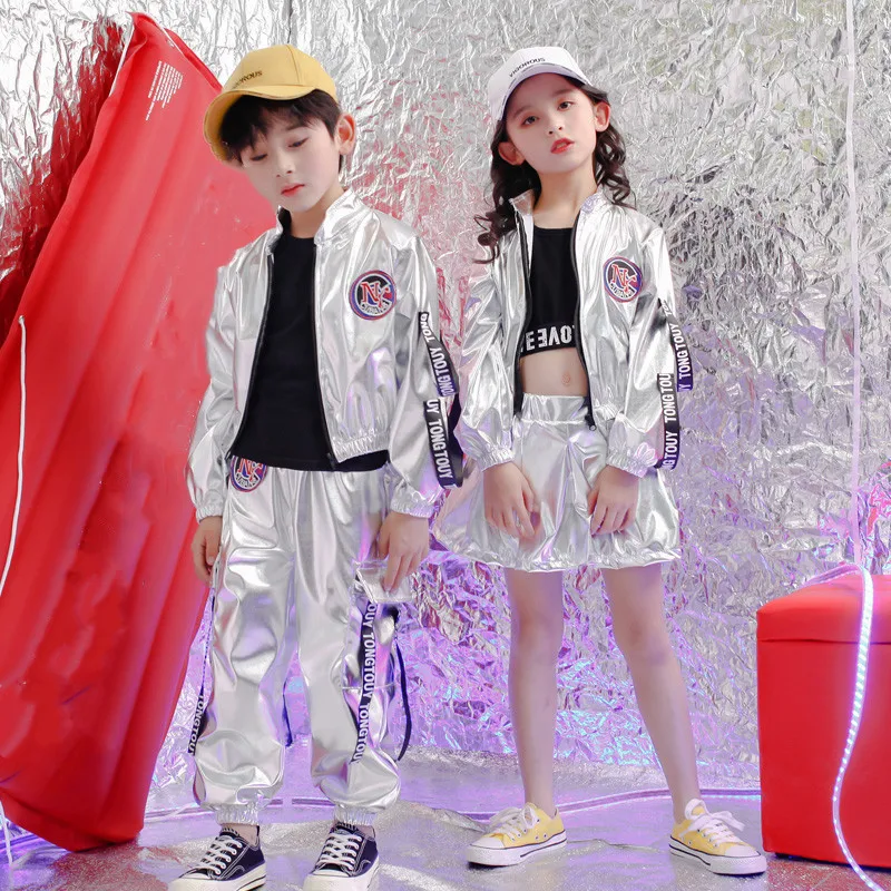 

PU Silver Girls Boys Sequin Costumes For Holidays Kids Jacket Vest Top Pants skirts Children Girls Stage Dance Wear Outfit