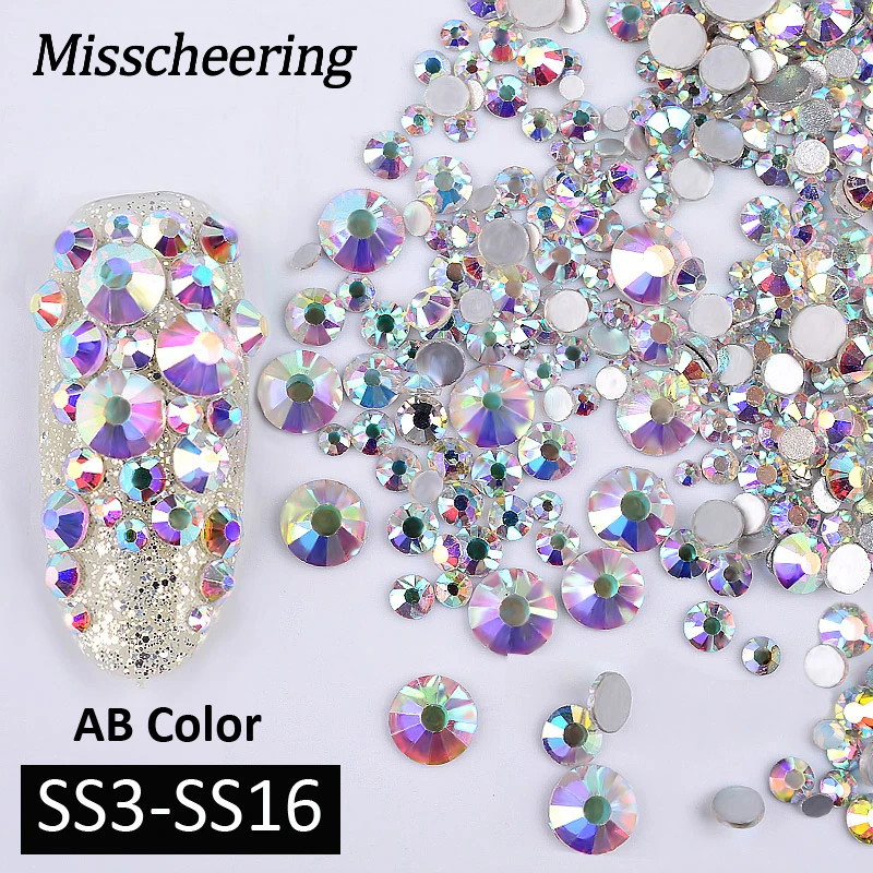 

1 Pack AB Color Mixed(SS3-SS16) Nail Art Rhinestones Silver Flatback Glass Crystal Gems Non Hotfix Glitter DIY Nails Accessories