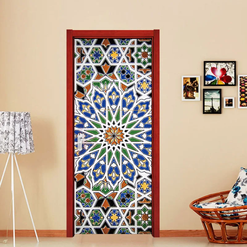 3D наклейки на двери калейдоскоп Средиземноморский стиль цвет черно-белая плитка мозаика спальня деревянная дверь украшение дома паста