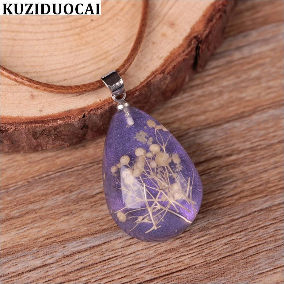 

Kuziduocai New Fashion Jewelry Drop Shape Luminous Stone Dried Flowers Leather Rope Choker Necklaces & Pendants For Women N-475