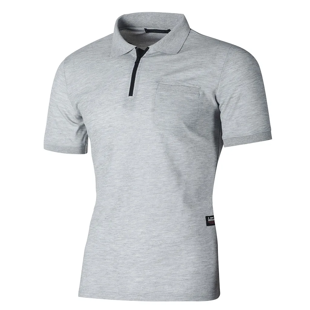 Мужские рубашки с карманом на молнии и коротким рукавом из дышащего материала, рубашки с отложным воротником - Цвет: Gray