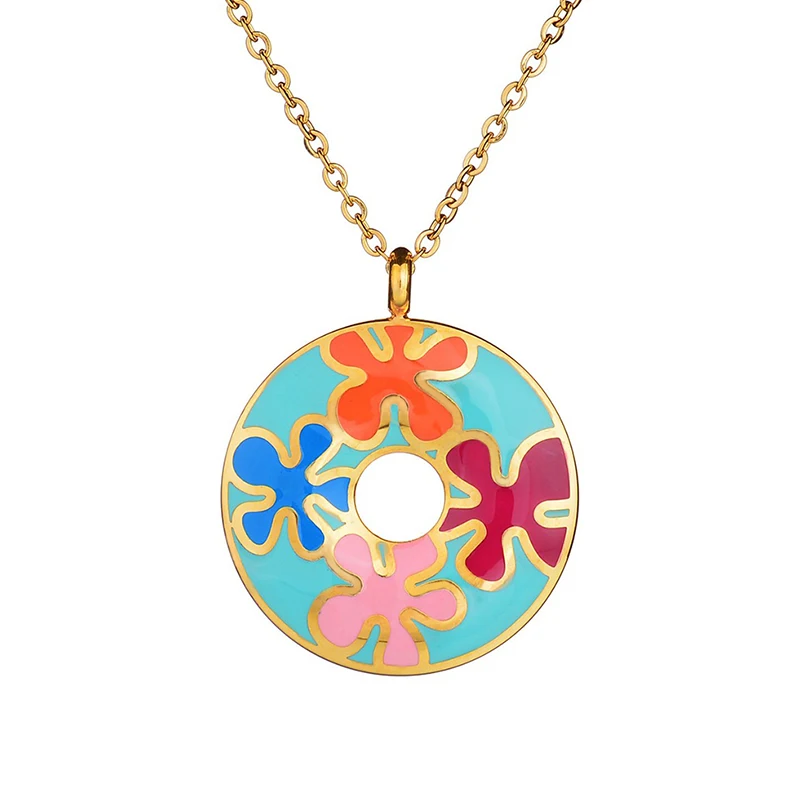 

Boho 50cm Gold Stainless Steel Chains Blue Flower Enamel Collar Multicolor Cloisonne Necklaces Women Girls Gifts Party Jewelry