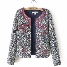 2019 spring autumn Retro Print Blue White Round Neck Full Sleeve Jacket Female Embroidered Coat For