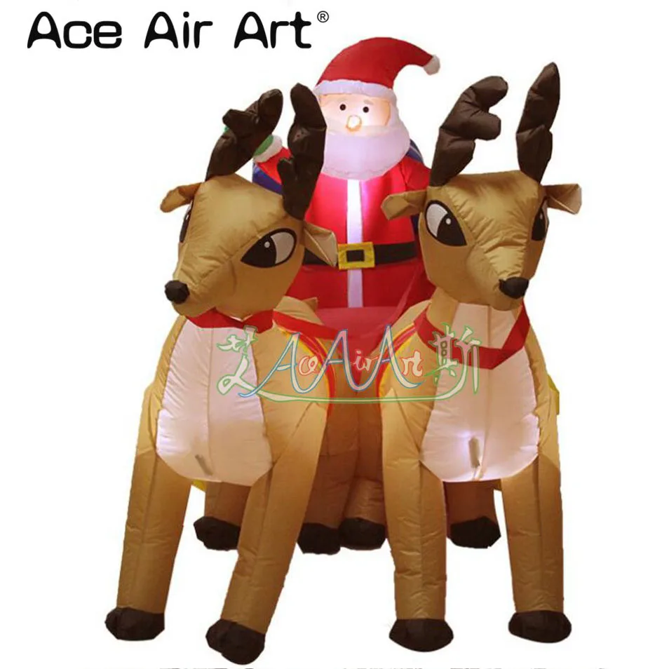 

inflatable Christmas santa claus with gifts double deer ride sleigh lighted flashing outdoor lawn yard decor