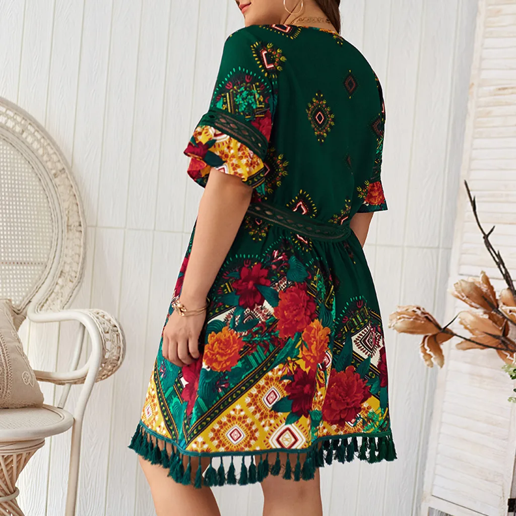 Plus Size Women Summer Dress Bohemian Floral Print Tassels Short Sleeve Dress Vintage Women V-Neck Beach Dresses roupas feminina