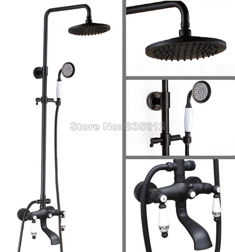 Bathroom Rain Shower Faucet Set Black Oil Rubbed Bronze Wall Mounted Bath Tub Shower Mixer Tap with Handheld Shower Whg126