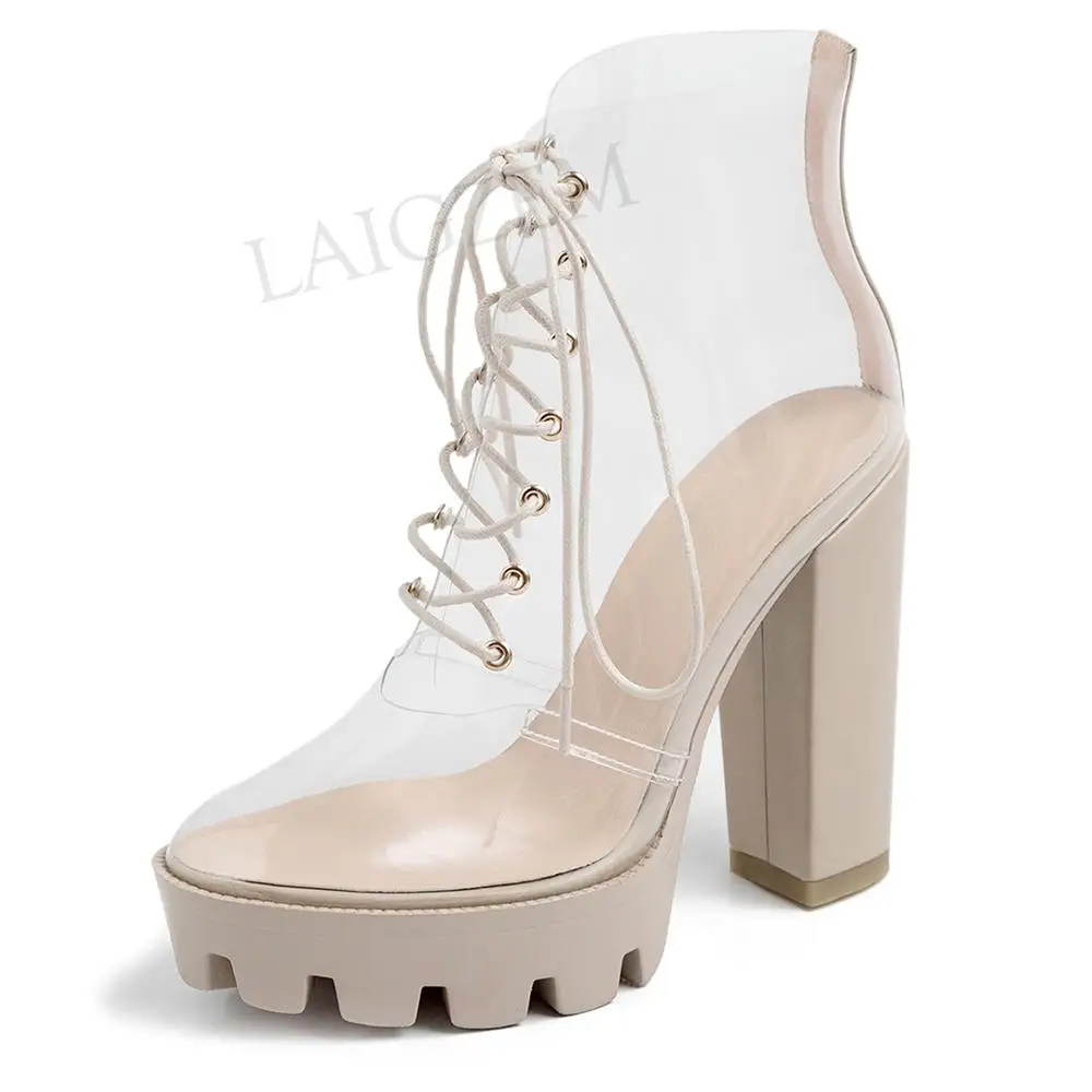 LAIGZEM FASHION Women SUMMER Transparent Clear Ankle Boots Chunky Heels Short Boots Ladies Botines Mujer Small Big Size 33-41 (10)