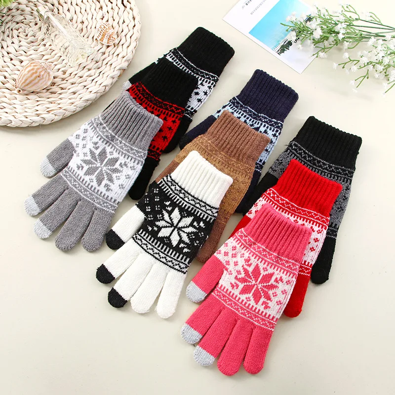

Men Woman Knitted Gloves Touch Screen Girl Female Winter Autumn Snowflake Print Thick Touch Screen Knit Stretch Gloves Xmas Gift