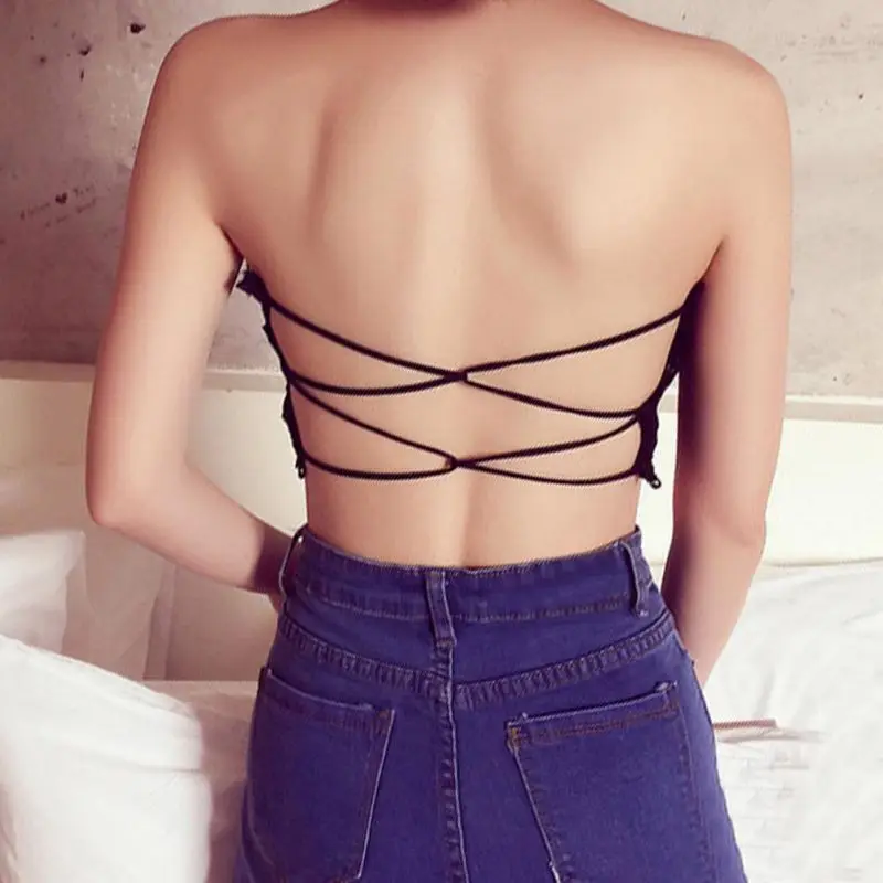 

Sexy Double Cross Bandage Lace Women Strapless Tube top Solid Women's Lace Top Crop Top Girl Strapless Padded Underwear
