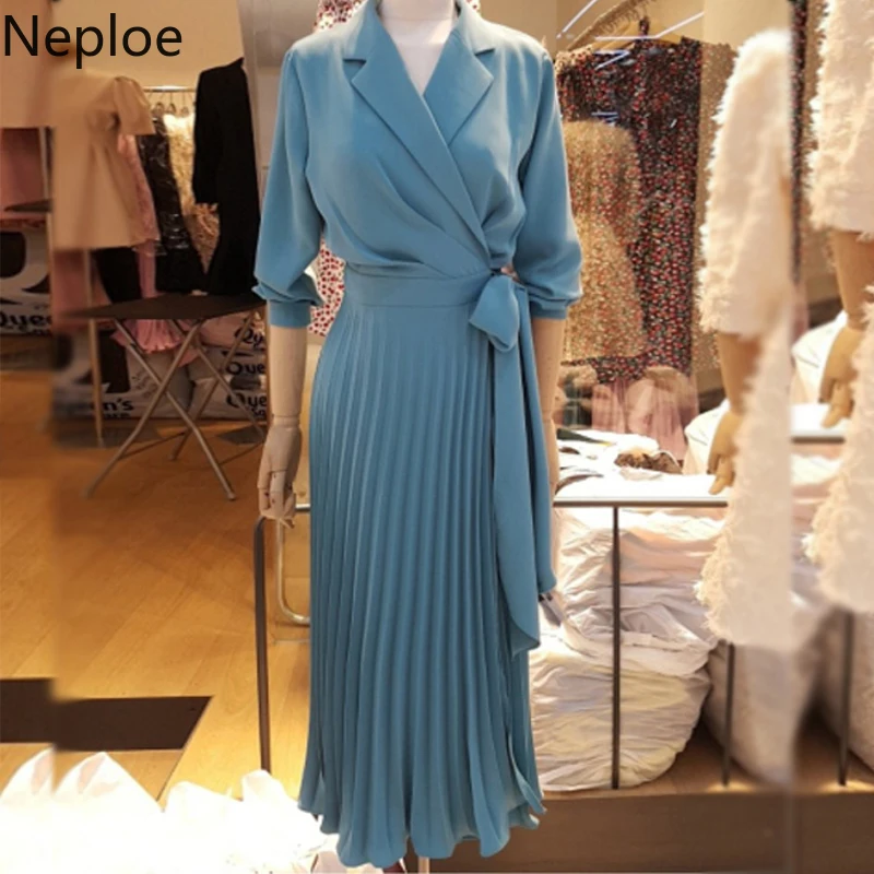Neploe, весеннее элегантное женское платье, офисное, для девушек, шифоновое, для улицы, плиссированное, одноцветное, с поясом, халат, корейский стиль, Vestidos