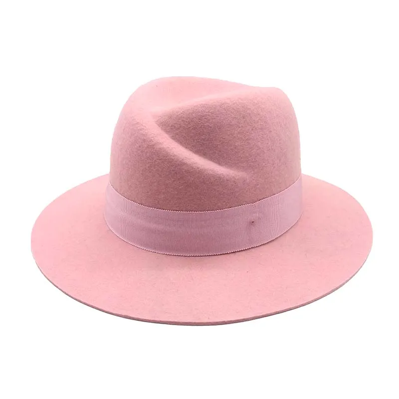 QPALCR винтажная шерстяная шляпа шапки для мужчин и женщин Твердые широкие полями синие фетровые шляпы высокого качества повседневные формальные розовые Топпер Панама шляпа - Цвет: Розовый