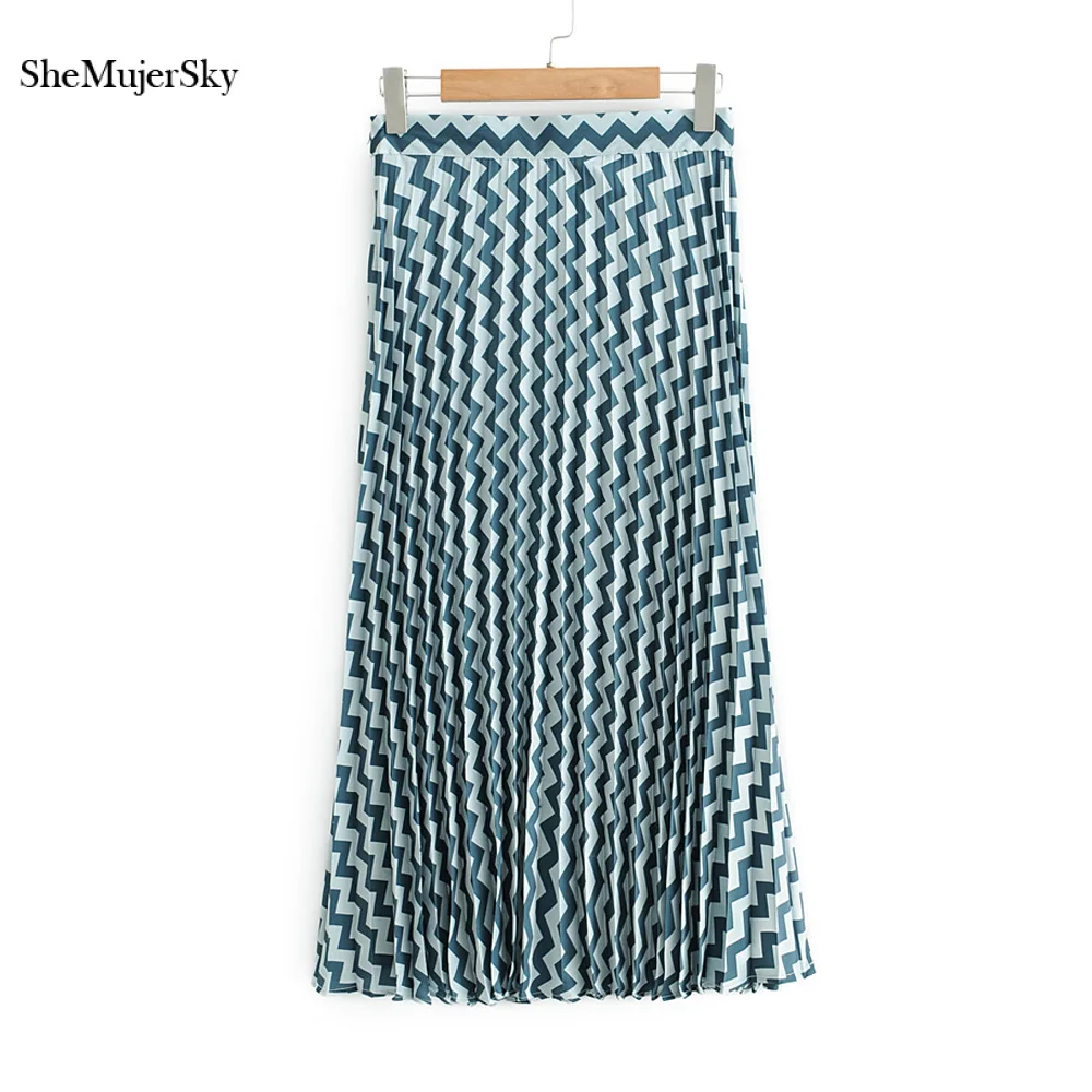 

SheMujerSky Green Pleated Skirts Women Geometric Print Midi Skirt 2018 gonna lunga
