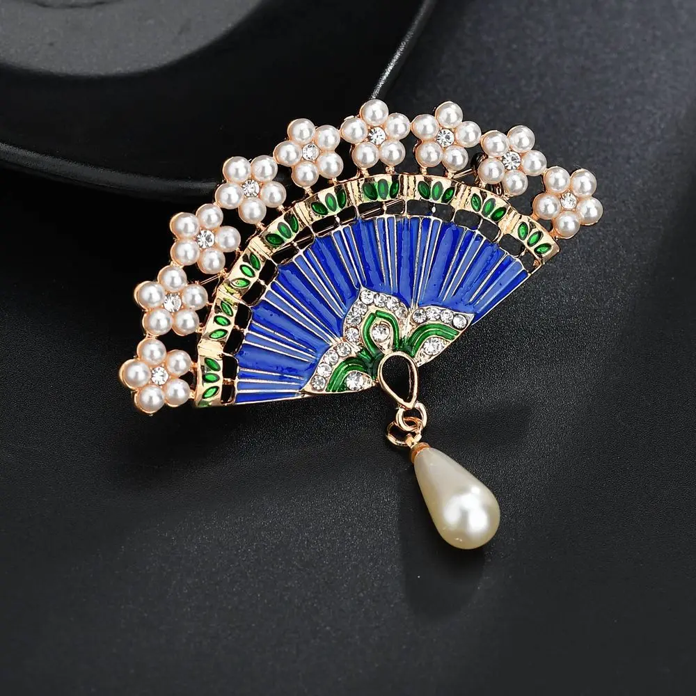 

The Chinese Fans Brooches for Women Hyperbole Pearls Blue Brooch Ladies Chinese Style Accessories Dropshipping SP110