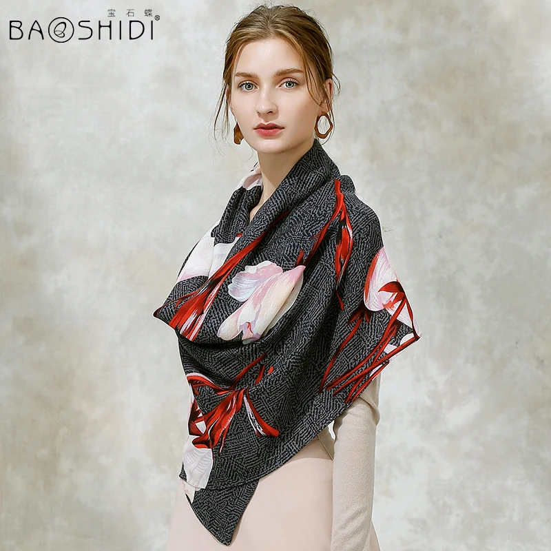 

[BAOSHIDI]100% wool winter scarf,2017 fashion long Scarf women, Infinity large shawl floral design, warm beautiful bandana