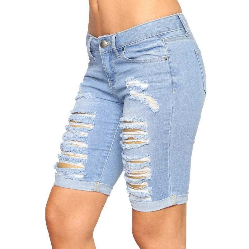 Сексуальная уничтожено отверстие узкие джинсовые Капри Для женщин Повседневное стрейч по колено джинсовые шорты женские Высокая Талия джинсовые разогревающие штаны