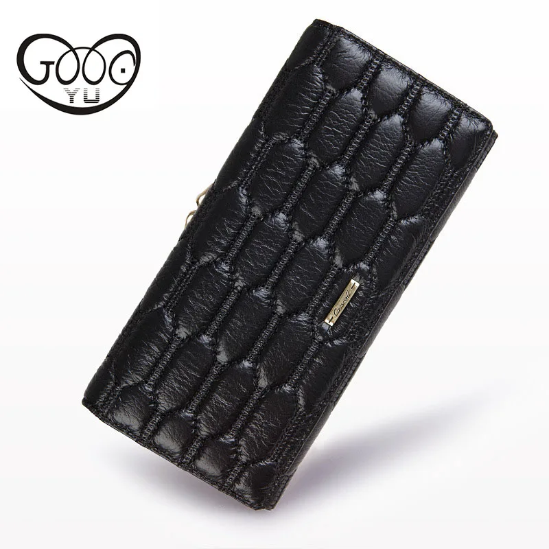 

Fashion business woman first layer cowhide long wallet cross section square check pattern multi-card large capacity retro wallet