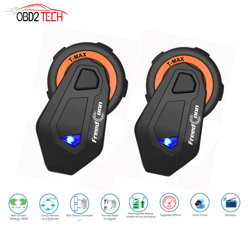 

2pcs Bluetooth V4.1 T-MAX motorcycle helmet bluetooth headset intercom 6 riders group intercom BT Interphone FM Radio