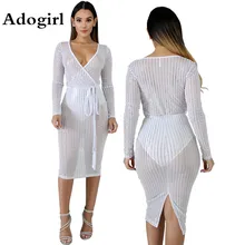 Stripe Sequined Mesh See Through Sheath Dress Women Sexy Wrap V Neck Off Shoulder Long Sleeve Back Slit Midi Club Party Dresses casual off the shoulder sheath slit dress