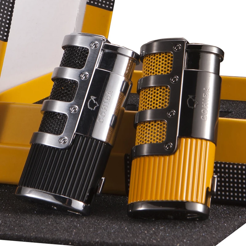 

COHIBA Gadgets Gridding Stripes Style Pocket Butane Gas Windproof 3 Torch Jet Flame durable Cigar Lighter W/ Punch & Gift Box