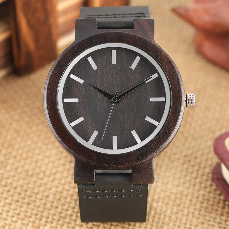 

Men's Watch Simple Wood Watch Round Dial Analog Vantage Ebony Wood Quartz Retro Leather Band Man Clock Hours Reloj de madera