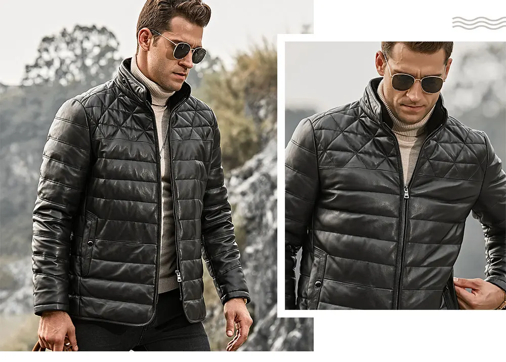 FLAVOR Men's Real Leather Down Jacket Men Genuine Lambskin Winter Warm Leather Coat with Removable Sheep Fur Collar