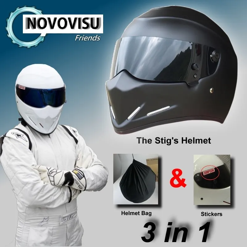 NOVOVISU The STIG Helmet Matte Black Capacete Casco De For  Bag+ SIMPSON Sticker 3in1  Matte Black Colour with Black Visor 01