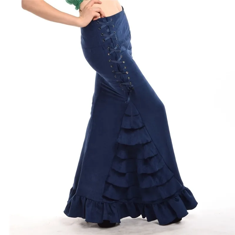 Женщины Vintage корсет стимпанк Tieup Русалка юбка викторианской готической рыбий хвост оборками долго средневековый костюм синий/коричневый/черный