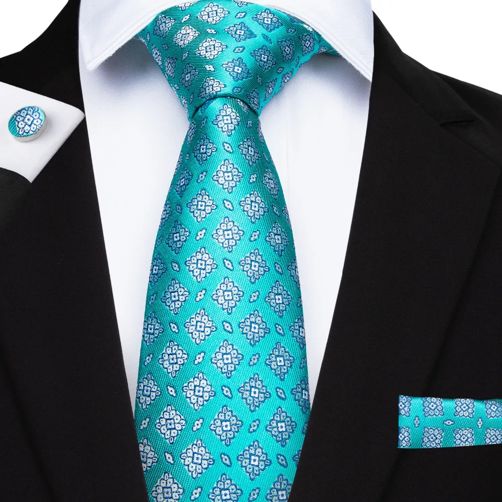 

MJ-7165 DiBanGu Turquoise Novelty Men's Tie With Hanky Cufflinks Set Neck Ties Set For Men Wedding Party Cravatte Gravatas