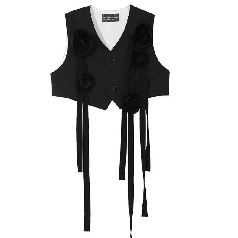 

[EAM] 2019 New Spring Summer V-collar Sleeveless Black Flower Three-dimensional Ribbon Stitch Vest Women Fashion Tide JU894