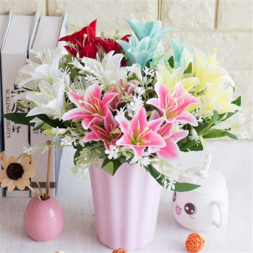 Artificial Lily Bunch 7 heads Simulation Greenish Lily Flower White/Pink/Yellow/Red/Blue Color