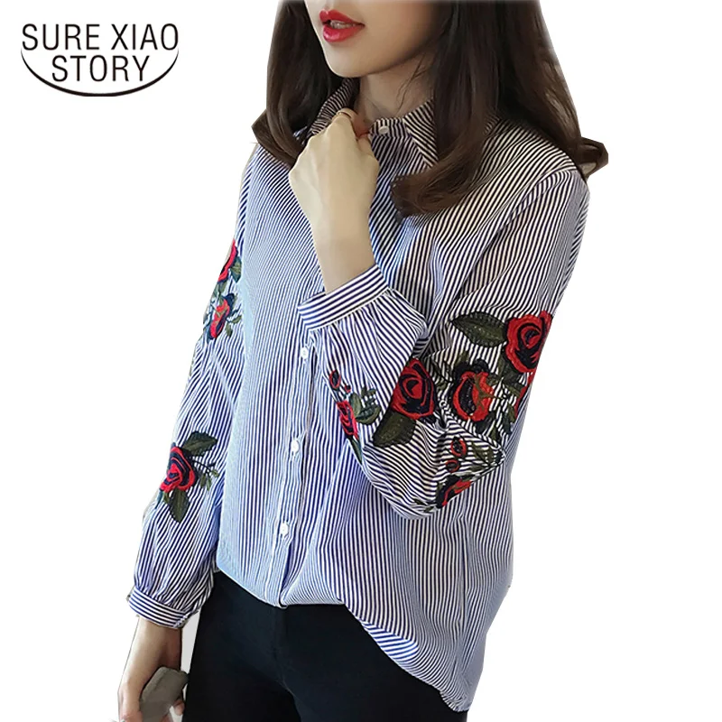 

2019 New Spring Striped Shirt Korean fashion elegant Style embroidery Flower Female sweet casual loose top 923B 30