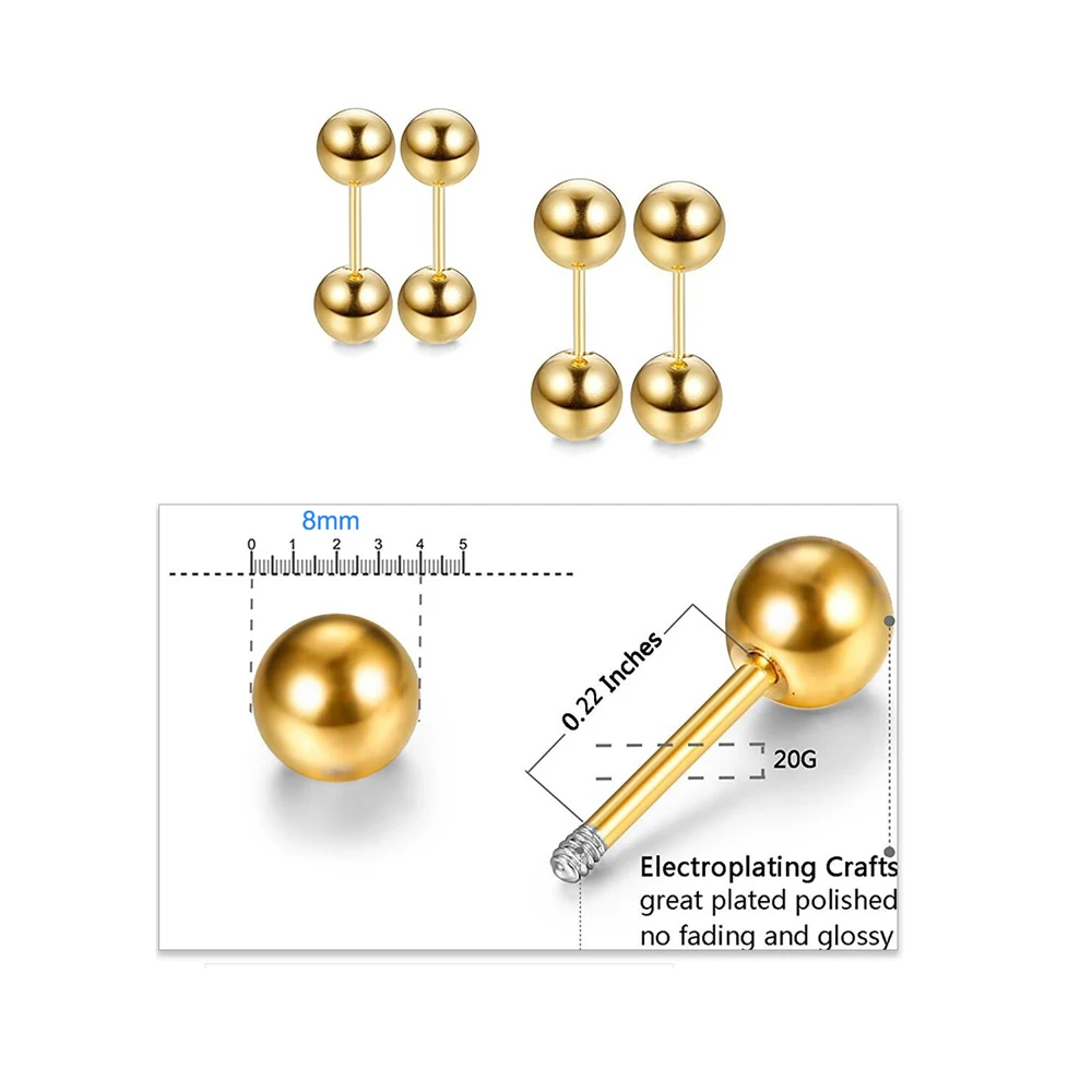1 Pair 316L Stainless Steel Silve Gold Color Ball Barbell Ear Piercing