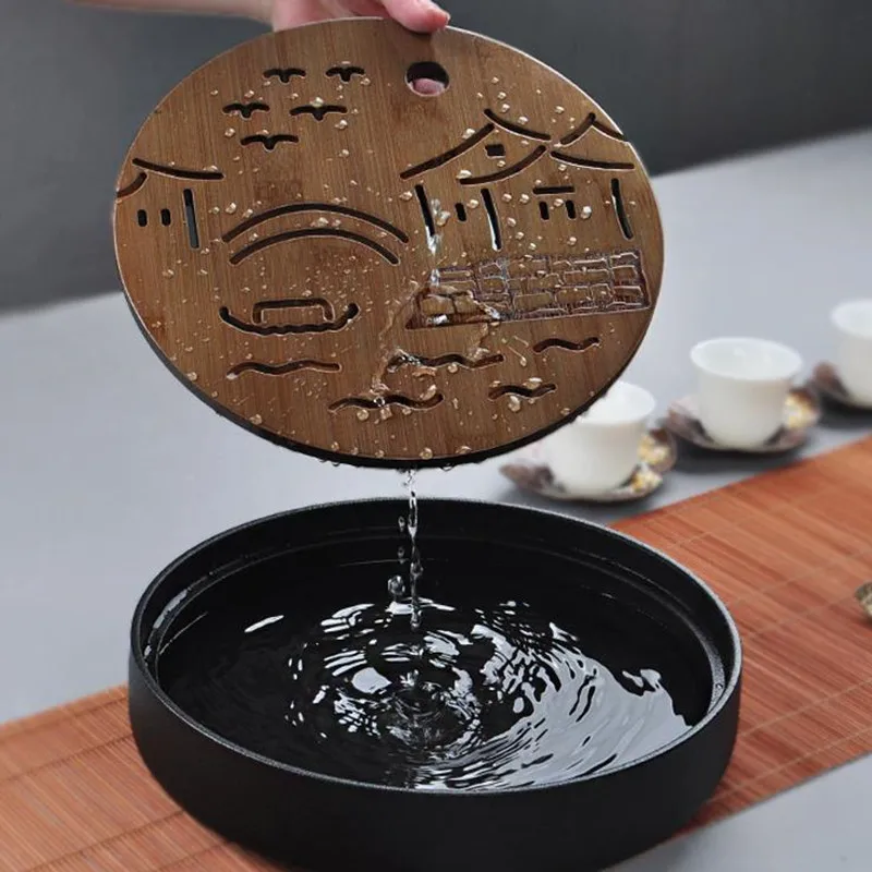 2.2Ceramics Bamboo Tea tray Drainage Water storage Kung Fu Tea set room Board table Chinese Japanese tea cup ceremony tools Tea Set