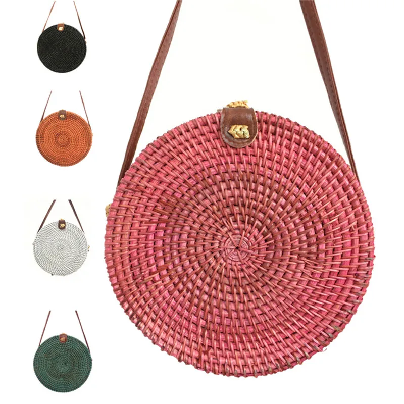 Women Colorful Round Rattan Bag Straw Bag 5 Colors Elegant Fashion Handwoven Rattan Ladies Retro Handbags Crossbody